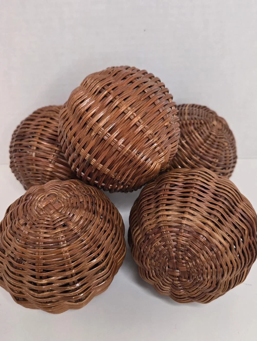 Rustic Brown Woven Wicker Rattan Decorative Balls - Home Accents, Set Of 5